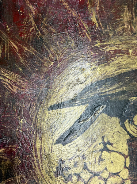Painting Original Raven, Original Mixed Media Artwork, Raven Bird, Gold, Red, Black Art on Paper, Bird Lover Gift, Unframed