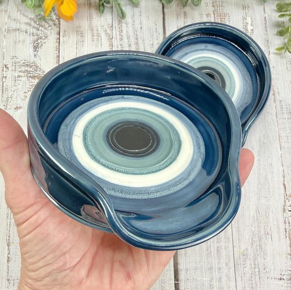 Evil Eye Ceramic Stove Top Spoon Rest Coffee Bar Tea, Pottery Nazar Blue White Handmade Handpainted Stoneware Large Housewarming Spiritual