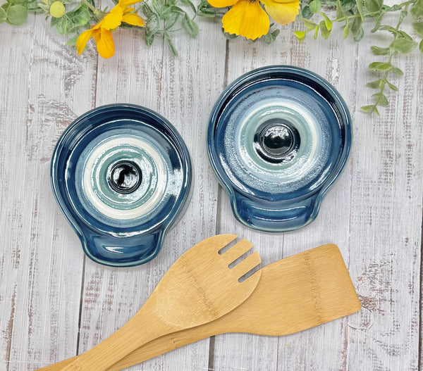 Evil Eye Ceramic Stove Top Spoon Rest Coffee Bar Tea, Pottery Nazar Blue White Handmade Handpainted Stoneware Large Housewarming Spiritual