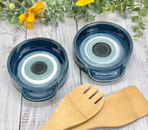 Evil Eye Ceramic Stove Top Spoon Rest Coffee Bar Tea, Pottery Nazar Blue White Handmade Handpainted Stoneware Large Housewarming Spiritual