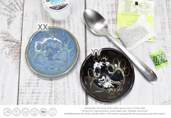 Paw Print Ceramic Small Coffee Spoon Rest, Jewelry Trinket Dish, Handmade Stoneware Pottery Dog Cat Animal Lover Gift Coworker Friend Mom
