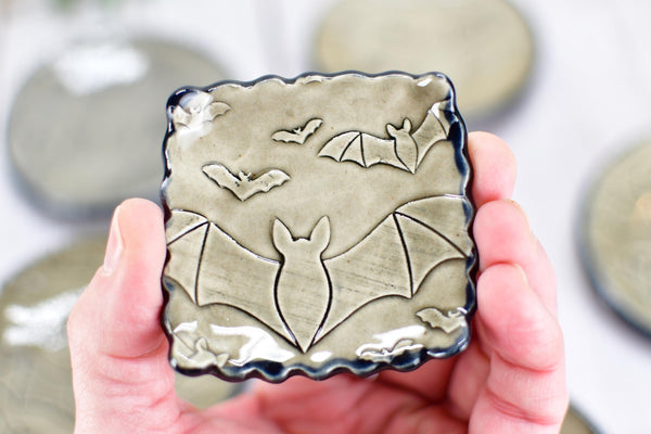 Handmade Bats Coffee Spoon Rest - Bat Lover Gift, Gothic Ceramic Halloween Pottery for Coffee Bar