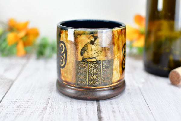 Handmade Ceramic Cardinal Bird Cup, Bronze Pottery Anniversary Gift, Whiskey or Wine Tumbler, Moroccan Boho