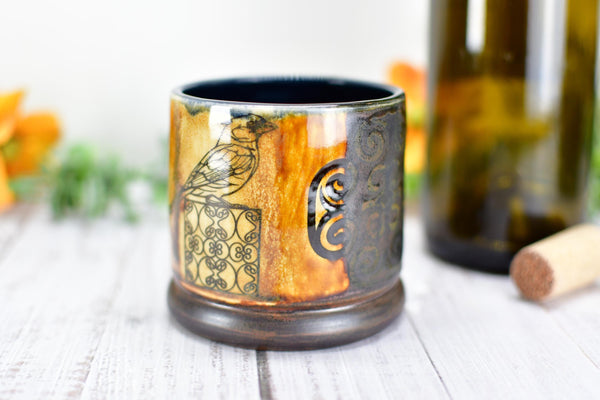 Handmade Ceramic Cardinal Bird Cup, Bronze Pottery Anniversary Gift, Whiskey or Wine Tumbler, Moroccan Boho