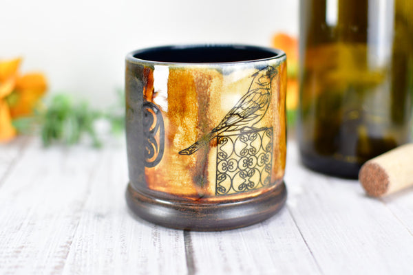 Handmade Ceramic Cardinal Bird Cup, Bronze Pottery Anniversary Gift, Whiskey or Wine Tumbler, Moroccan Boho
