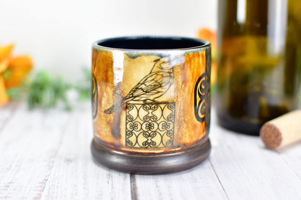 Handmade Ceramic Cardinal Bird Cup, Bronze Pottery Anniversary Gift, Whiskey or Wine Tumbler, Moroccan Boho