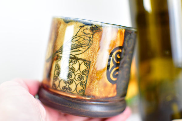 Handmade Ceramic Cardinal Bird Cup, Bronze Pottery Anniversary Gift, Whiskey or Wine Tumbler, Moroccan Boho
