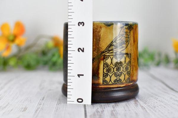 Handmade Ceramic Cardinal Bird Cup, Bronze Pottery Anniversary Gift, Whiskey or Wine Tumbler, Moroccan Boho