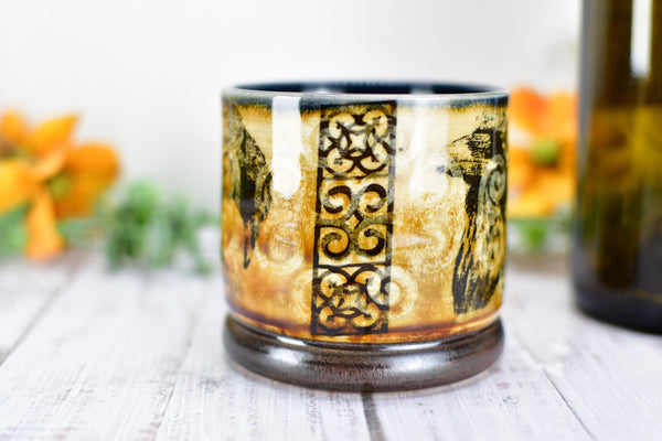 Ravens Ceramic Cup Bronze 8th or 9th Anniversary Gift, Bird Lover Gothic Handmade Tumbler Stoneware Hand Painted Pottery Bar Drinkware