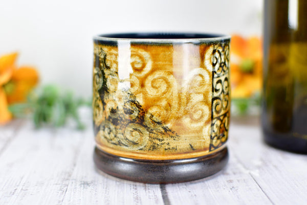 Ravens Ceramic Cup Bronze 8th or 9th Anniversary Gift, Bird Lover Gothic Handmade Tumbler Stoneware Hand Painted Pottery Bar Drinkware