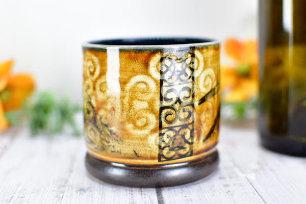 Ravens Ceramic Cup Bronze 8th or 9th Anniversary Gift, Bird Lover Gothic Handmade Tumbler Stoneware Hand Painted Pottery Bar Drinkware