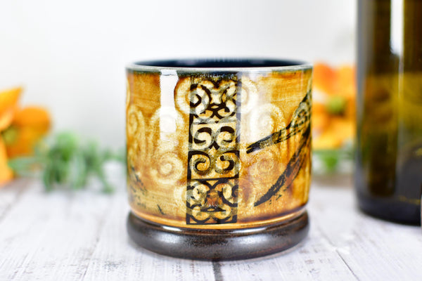 Ravens Ceramic Cup Bronze 8th or 9th Anniversary Gift, Bird Lover Gothic Handmade Tumbler Stoneware Hand Painted Pottery Bar Drinkware