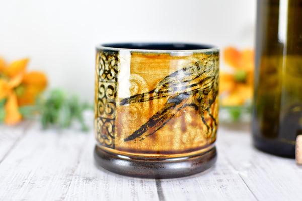 Ravens Ceramic Cup Bronze 8th or 9th Anniversary Gift, Bird Lover Gothic Handmade Tumbler Stoneware Hand Painted Pottery Bar Drinkware