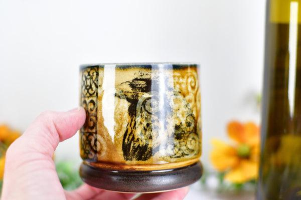 Ravens Ceramic Cup Bronze 8th or 9th Anniversary Gift, Bird Lover Gothic Handmade Tumbler Stoneware Hand Painted Pottery Bar Drinkware