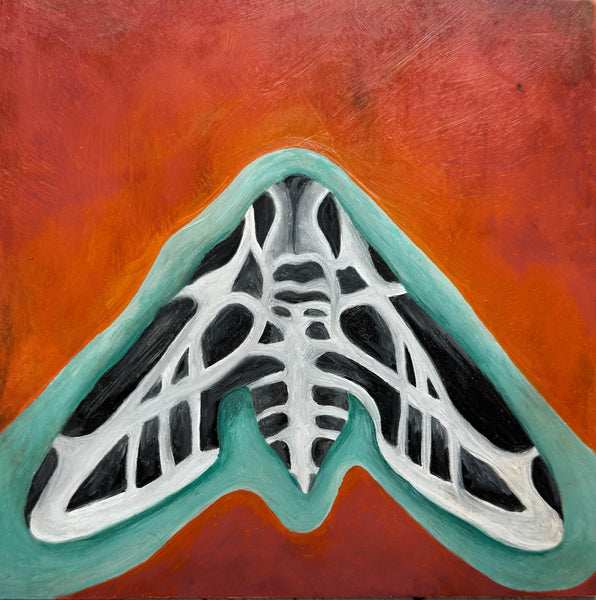 Original Oil Painting, Sphinx Moth Art, Unframed, Insect Garden Lover Gift, Red, Turquoise, Black, White, Square Small Original Artwork