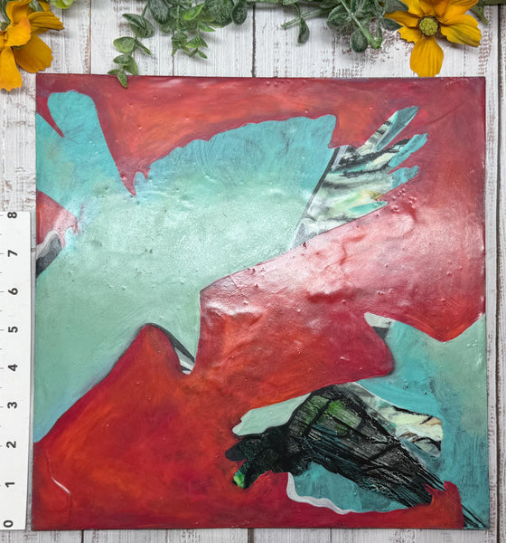 Original Encaustic Painting Raven Artwork, Mixed Media Art with Raven Bird, Black, Turquoise and Red Art, Bird Lover Gift
