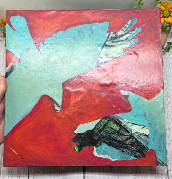 Original Encaustic Painting Raven Artwork, Mixed Media Art with Raven Bird, Black, Turquoise and Red Art, Bird Lover Gift