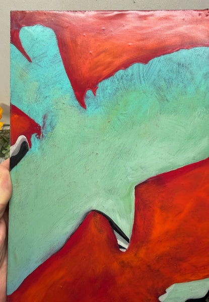 Original Encaustic Painting Raven Artwork, Mixed Media Art with Raven Bird, Black, Turquoise and Red Art, Bird Lover Gift