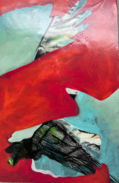 Original Encaustic Painting Raven Artwork, Mixed Media Art with Raven Bird, Black, Turquoise and Red Art, Bird Lover Gift