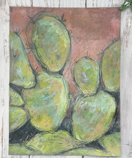 Cactus Abstract Painting Wall Art, Bright Color Desert Artwork, Original Mixed Media Painting on Paper (Unframed 9x12), Green, Blue, Orange