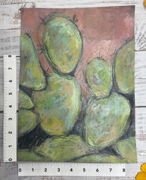 Cactus Abstract Painting Wall Art, Bright Color Desert Artwork, Original Mixed Media Painting on Paper (Unframed 9x12), Green, Blue, Orange