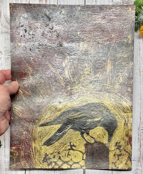 Painting Original Raven, Original Mixed Media Artwork, Raven Bird, Gold, Red, Black Art on Paper, Bird Lover Gift, Unframed