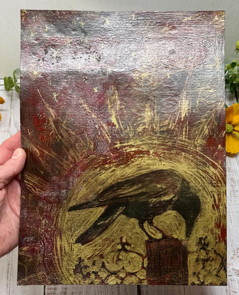 Painting Original Raven, Original Mixed Media Artwork, Raven Bird, Gold, Red, Black Art on Paper, Bird Lover Gift, Unframed