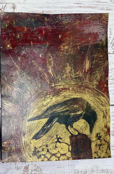 Painting Original Raven, Original Mixed Media Artwork, Raven Bird, Gold, Red, Black Art on Paper, Bird Lover Gift, Unframed
