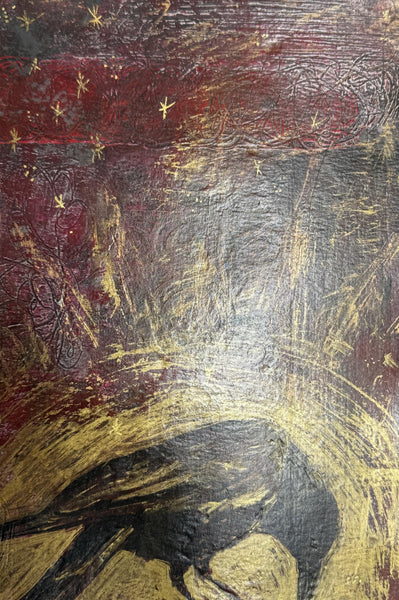 Painting Original Raven, Original Mixed Media Artwork, Raven Bird, Gold, Red, Black Art on Paper, Bird Lover Gift, Unframed