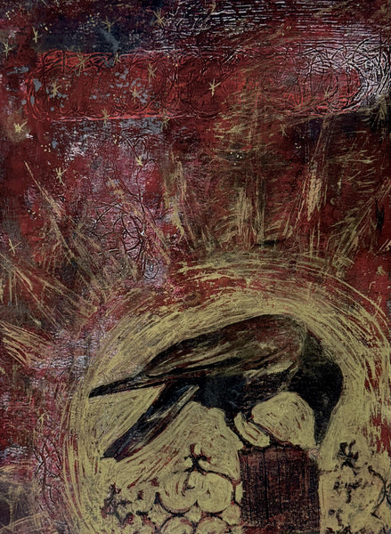 Painting Original Raven, Original Mixed Media Artwork, Raven Bird, Gold, Red, Black Art on Paper, Bird Lover Gift, Unframed