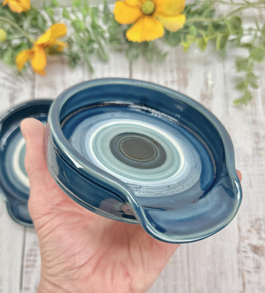 Evil Eye Ceramic Stove Top Spoon Rest Coffee Bar Tea, Pottery Nazar Blue White Handmade Handpainted Stoneware Large Housewarming Spiritual