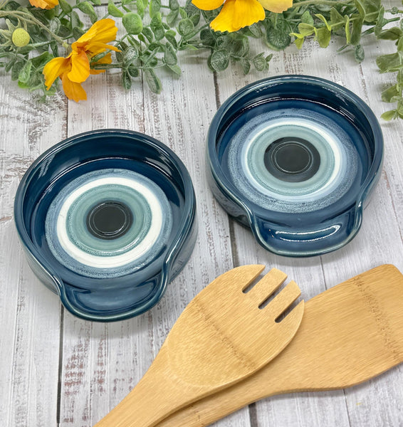 Evil Eye Ceramic Stove Top Spoon Rest Coffee Bar Tea, Pottery Nazar Blue White Handmade Handpainted Stoneware Large Housewarming Spiritual
