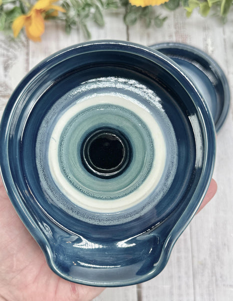 Evil Eye Ceramic Stove Top Spoon Rest Coffee Bar Tea, Pottery Nazar Blue White Handmade Handpainted Stoneware Large Housewarming Spiritual