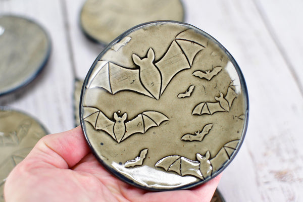 Handmade Bats Coffee Spoon Rest - Bat Lover Gift, Gothic Ceramic Halloween Pottery for Coffee Bar
