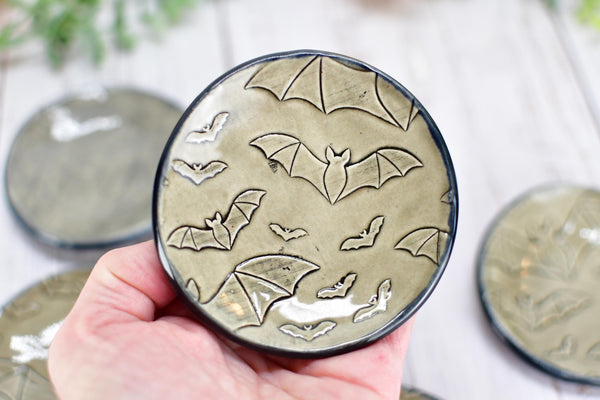 Handmade Bats Coffee Spoon Rest - Bat Lover Gift, Gothic Ceramic Halloween Pottery for Coffee Bar