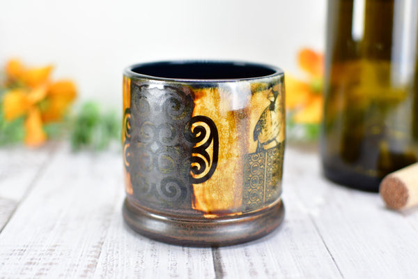 Handmade Ceramic Cardinal Bird Cup, Bronze Pottery Anniversary Gift, Whiskey or Wine Tumbler, Moroccan Boho