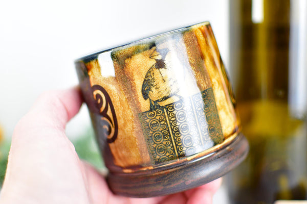 Handmade Ceramic Cardinal Bird Cup, Bronze Pottery Anniversary Gift, Whiskey or Wine Tumbler, Moroccan Boho
