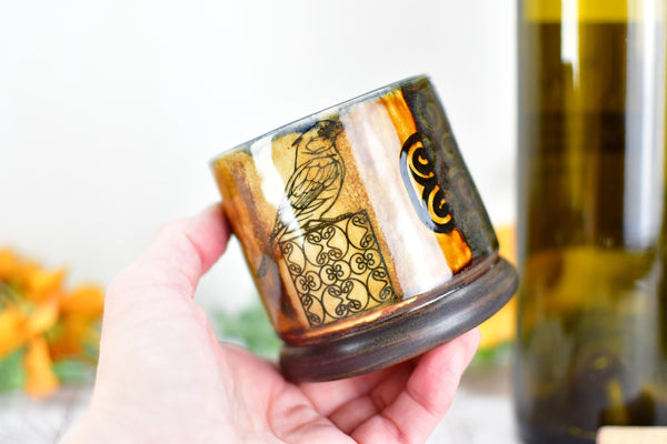 Handmade Ceramic Cardinal Bird Cup, Bronze Pottery Anniversary Gift, Whiskey or Wine Tumbler, Moroccan Boho