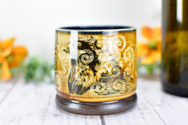 Ravens Ceramic Cup Bronze 8th or 9th Anniversary Gift, Bird Lover Gothic Handmade Tumbler Stoneware Hand Painted Pottery Bar Drinkware