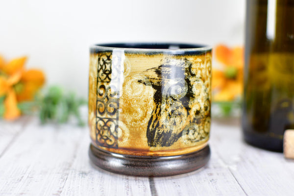 Ravens Ceramic Cup Bronze 8th or 9th Anniversary Gift, Bird Lover Gothic Handmade Tumbler Stoneware Hand Painted Pottery Bar Drinkware
