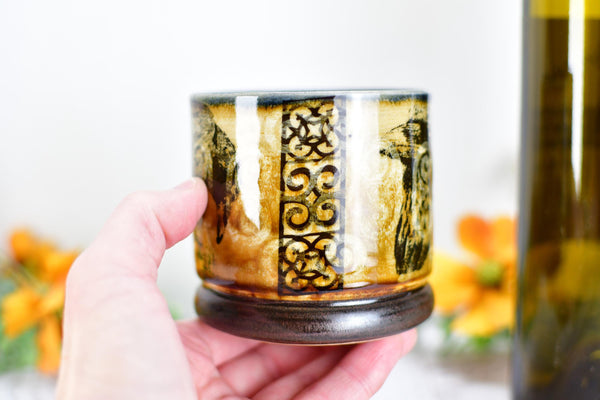Ravens Ceramic Cup Bronze 8th or 9th Anniversary Gift, Bird Lover Gothic Handmade Tumbler Stoneware Hand Painted Pottery Bar Drinkware