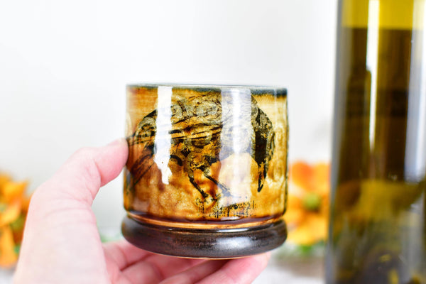 Ravens Ceramic Cup Bronze 8th or 9th Anniversary Gift, Bird Lover Gothic Handmade Tumbler Stoneware Hand Painted Pottery Bar Drinkware