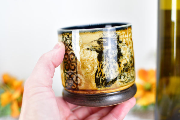 Ravens Ceramic Cup Bronze 8th or 9th Anniversary Gift, Bird Lover Gothic Handmade Tumbler Stoneware Hand Painted Pottery Bar Drinkware