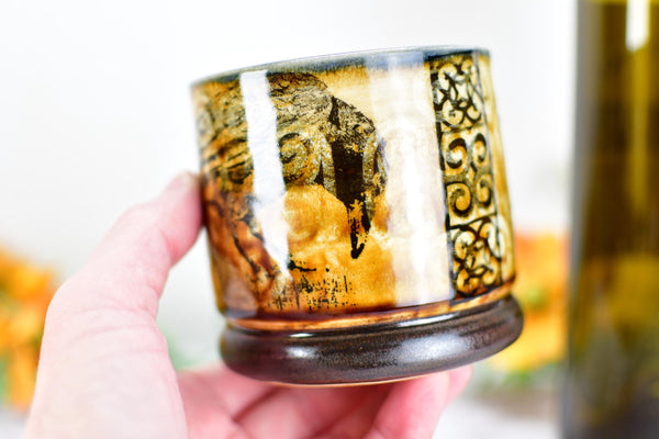 Ravens Ceramic Cup Bronze 8th or 9th Anniversary Gift, Bird Lover Gothic Handmade Tumbler Stoneware Hand Painted Pottery Bar Drinkware