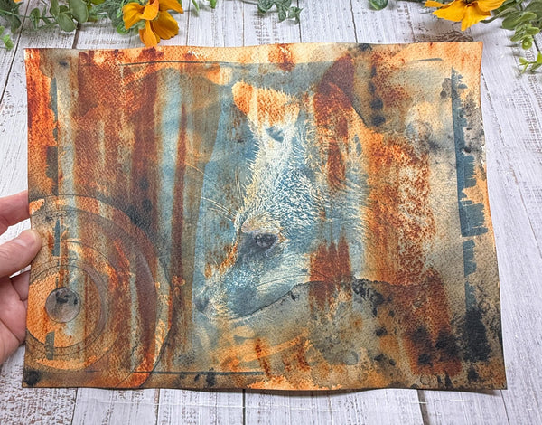 Original Fox Painting Artwork, Cyanotype Blue Photo, Brown Sienna Rust, Dark Black Mixed Media Art on Paper, Gray Fox Profile