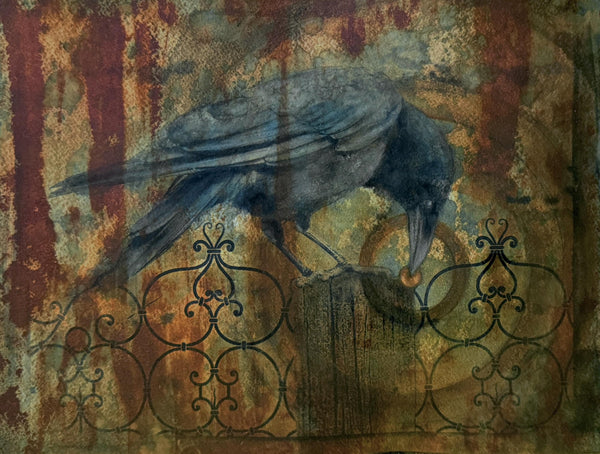 Original Painting Raven Bird, Cyanotype Print Mixed Media Artwork, Raven Bird, Rust, Black, Blue, and Art on Paper, Bird Lover Gift