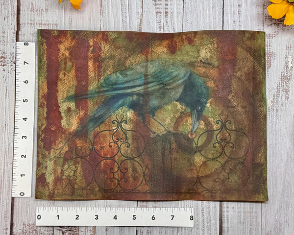 Original Painting Raven Bird, Cyanotype Print Mixed Media Artwork, Raven Bird, Rust, Black, Blue, and Art on Paper, Bird Lover Gift