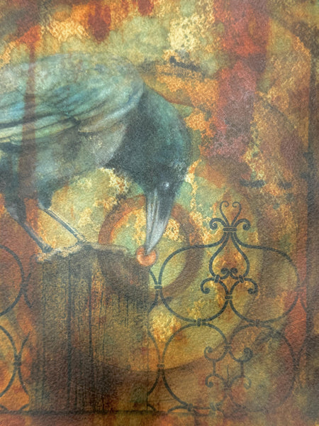 Original Painting Raven Bird, Cyanotype Print Mixed Media Artwork, Raven Bird, Rust, Black, Blue, and Art on Paper, Bird Lover Gift
