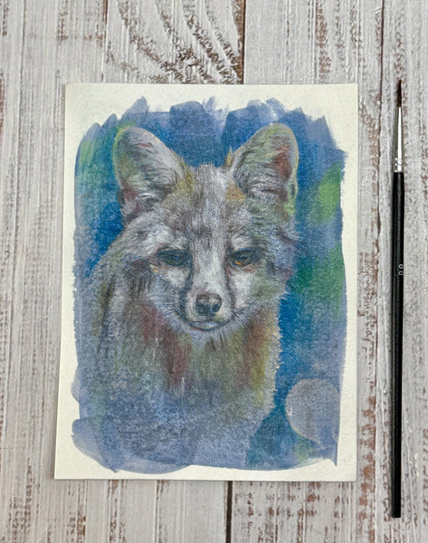 Original Fox Painting Artwork, Cyanotype Mixed Media Art on Paper, Gray Fox Face, Blue, Green, Gray
