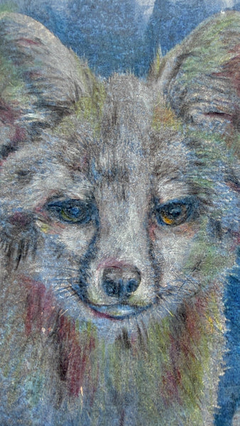 Original Fox Painting Artwork, Cyanotype Mixed Media Art on Paper, Gray Fox Face, Blue, Green, Gray